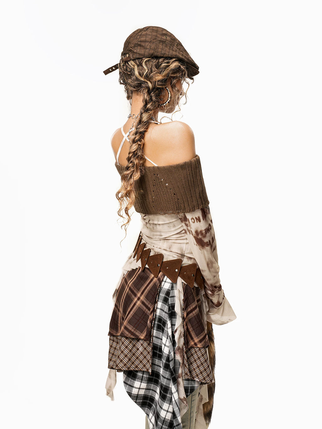 Arielink Retro Tie-dye Mesh Horn Sleeve One-word Shoulder Long Sleeve