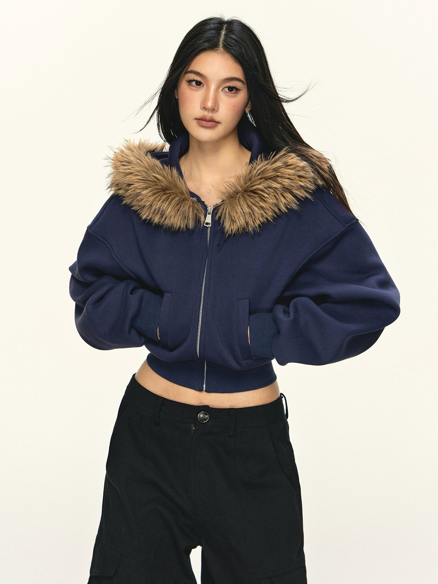 Anna Aneae Hooded Zip Fur Collar Slim Fit Short Jacket