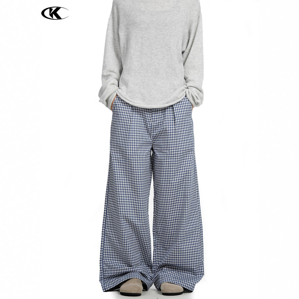 11KN Retro Pleated Plaid Versatile Straight Trousers