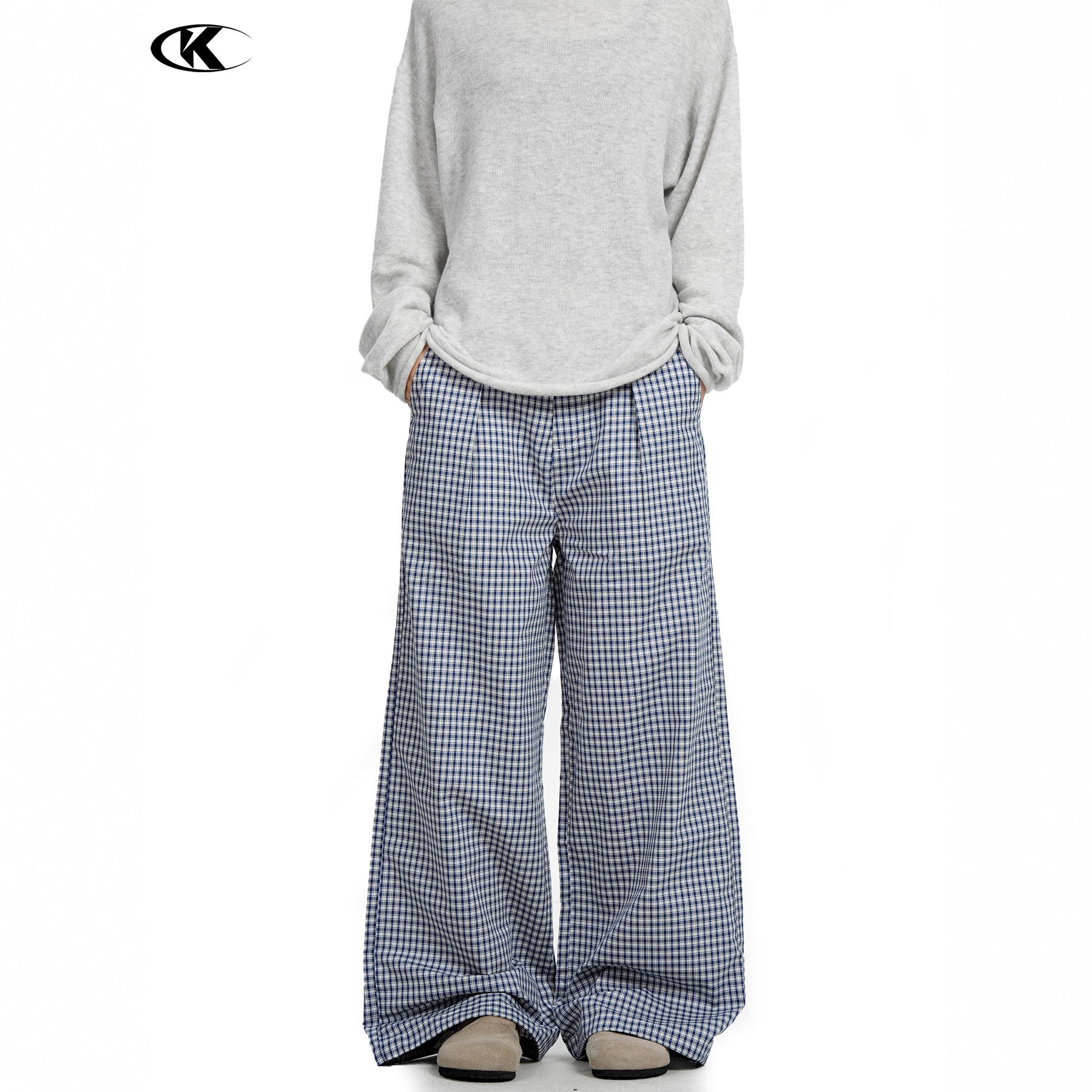 11KN Retro Pleated Plaid Versatile Straight Trousers