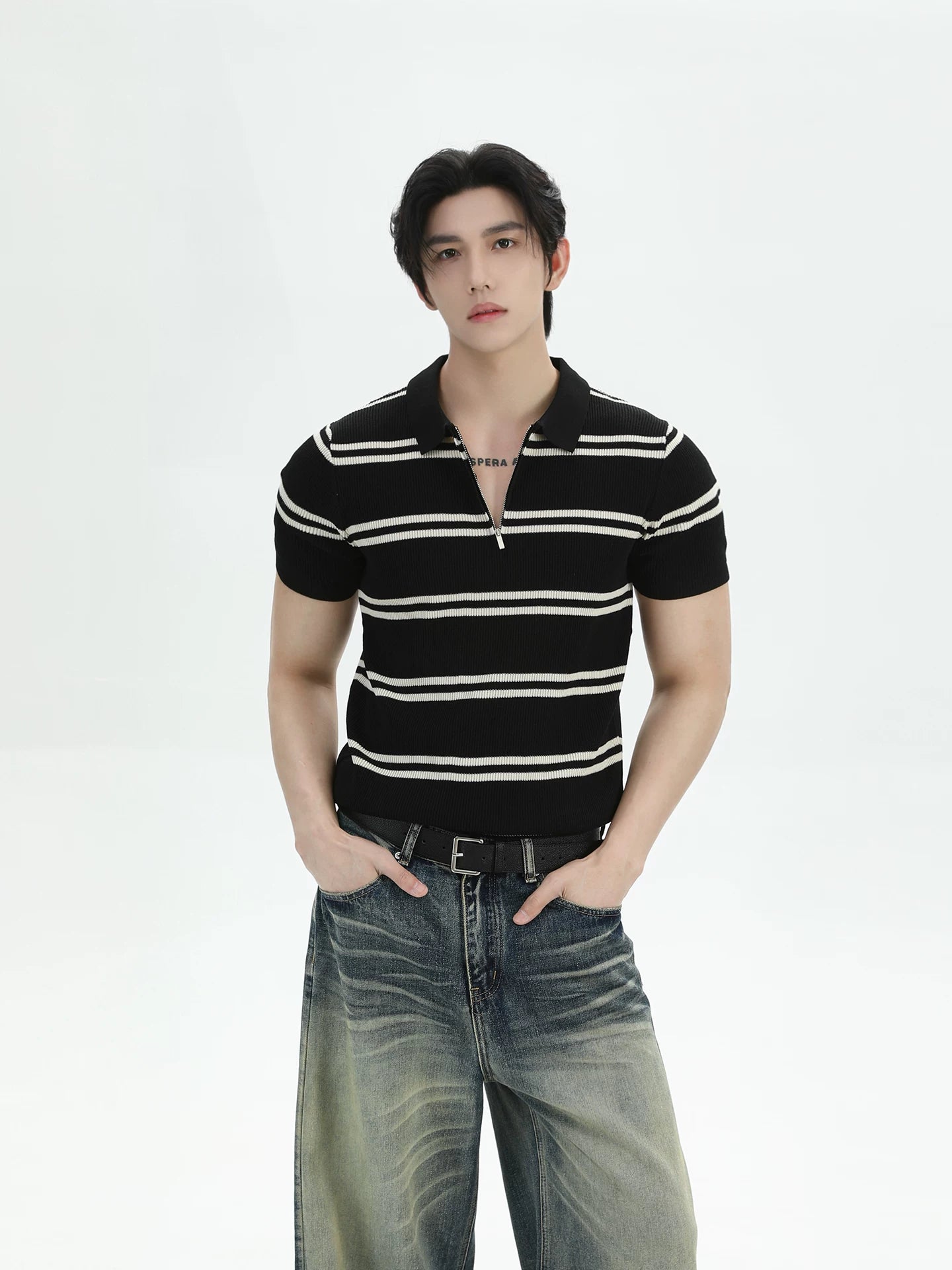 TURNTIDE Cool Anti-wrinkle Half Zipper Striped Knitted Tee