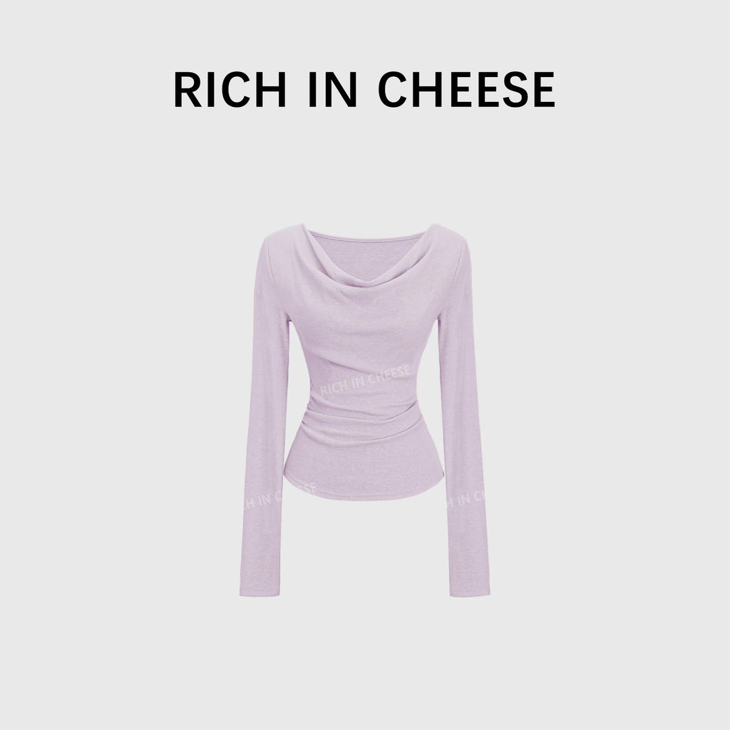 RICH IN CHEESE Swing Neck Knitted Waist Pleated Long Sleeves