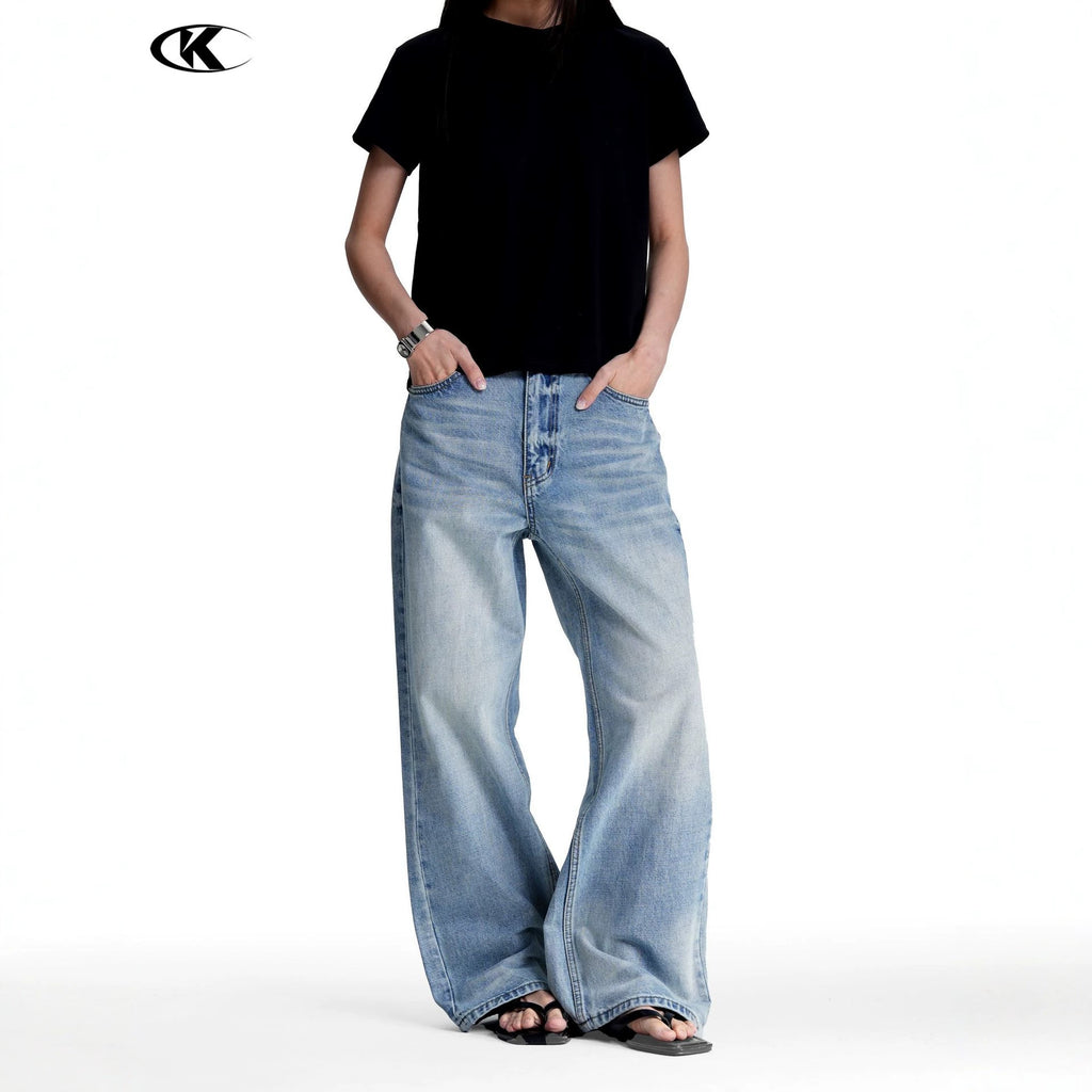 11KN Loose Cat Whisker Textured Straight Jeans
