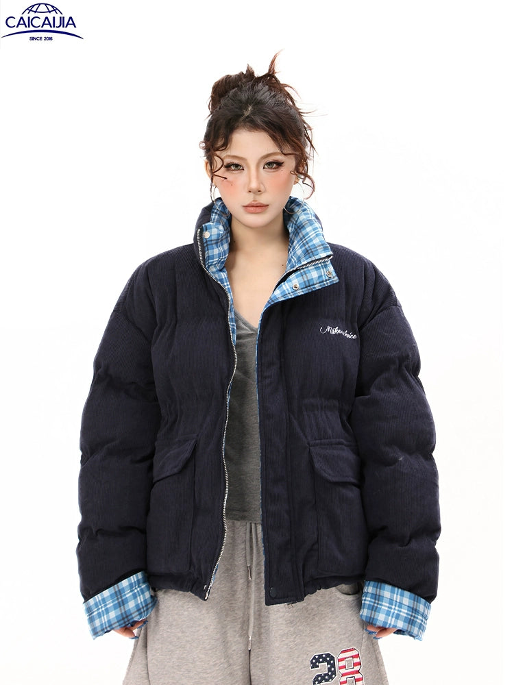 Kenvibe Plaid Paneled Loose Thickened Warm Jacket