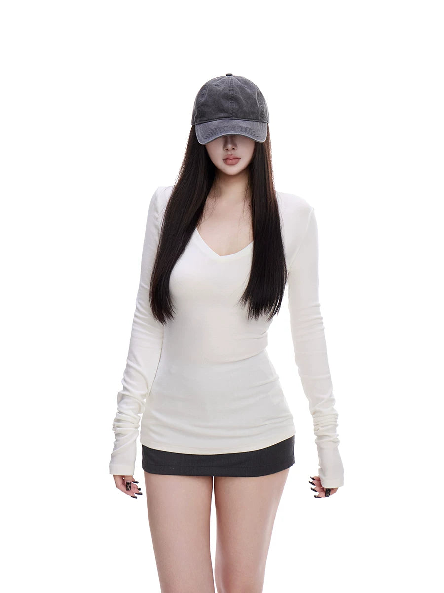 WITHMIN Slim and Thin V-neck Long Sleeves