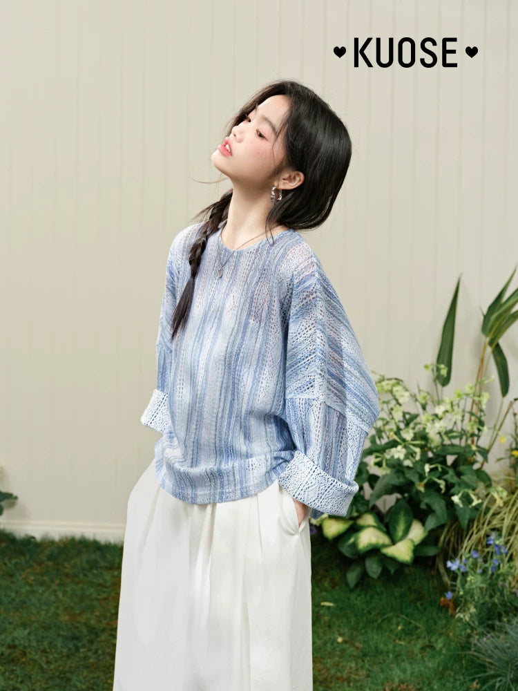 Kuose Striped Hollow Loose Long Sleeve Shirt