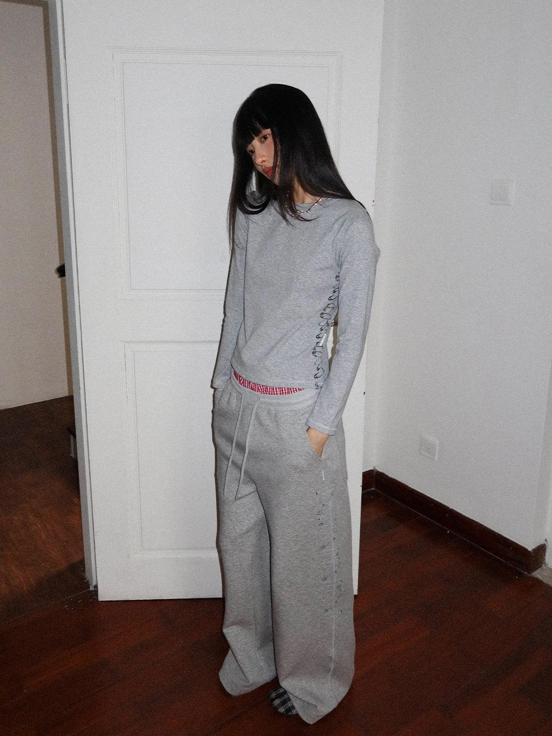 FUNKYFUN Pin Print Micro Waist Front Shoulder Long Sleeve