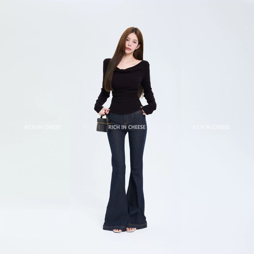 RICH IN CHEESE Swing Neck Knitted Waist Pleated Long Sleeves