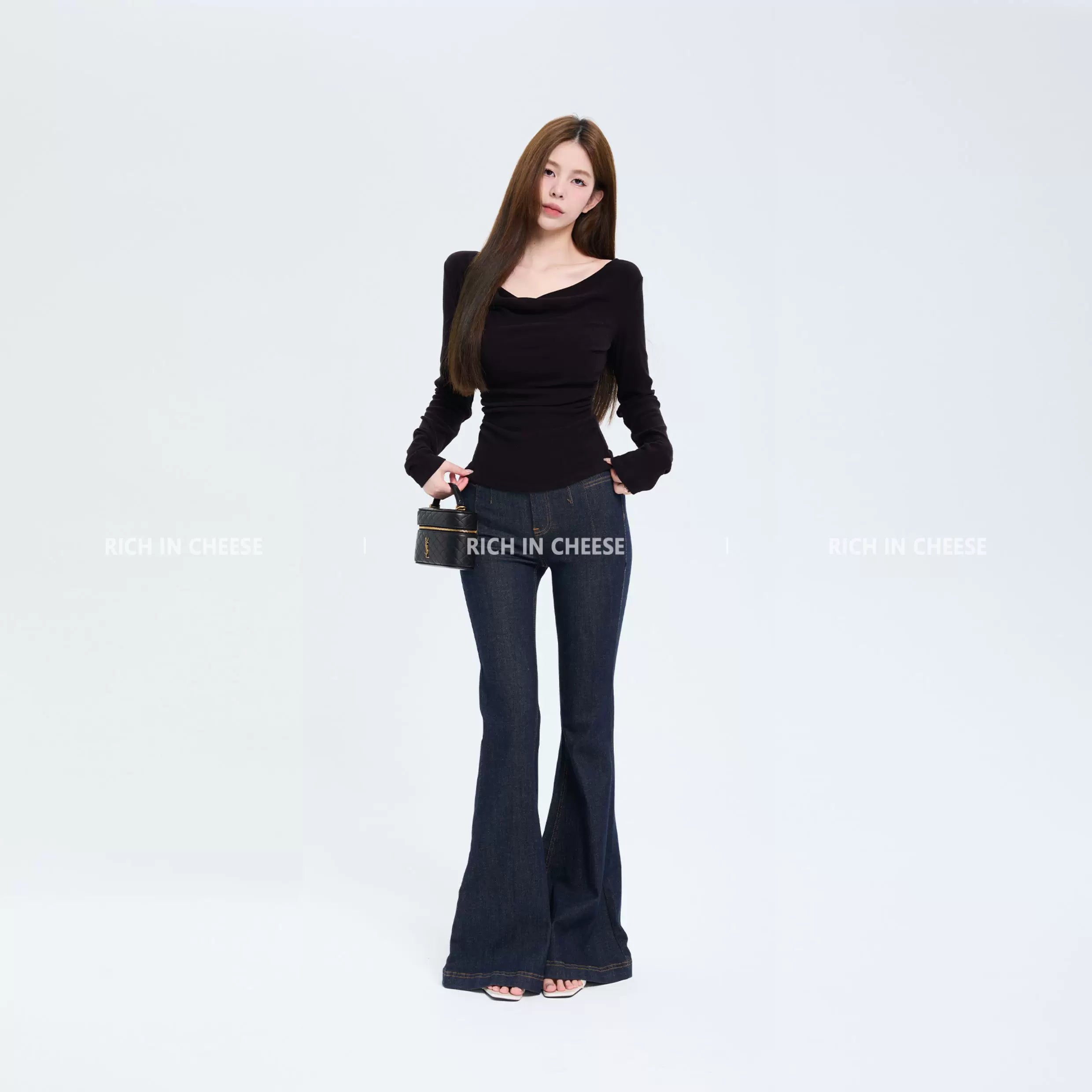 RICH IN CHEESE Swing Neck Knitted Waist Pleated Long Sleeves