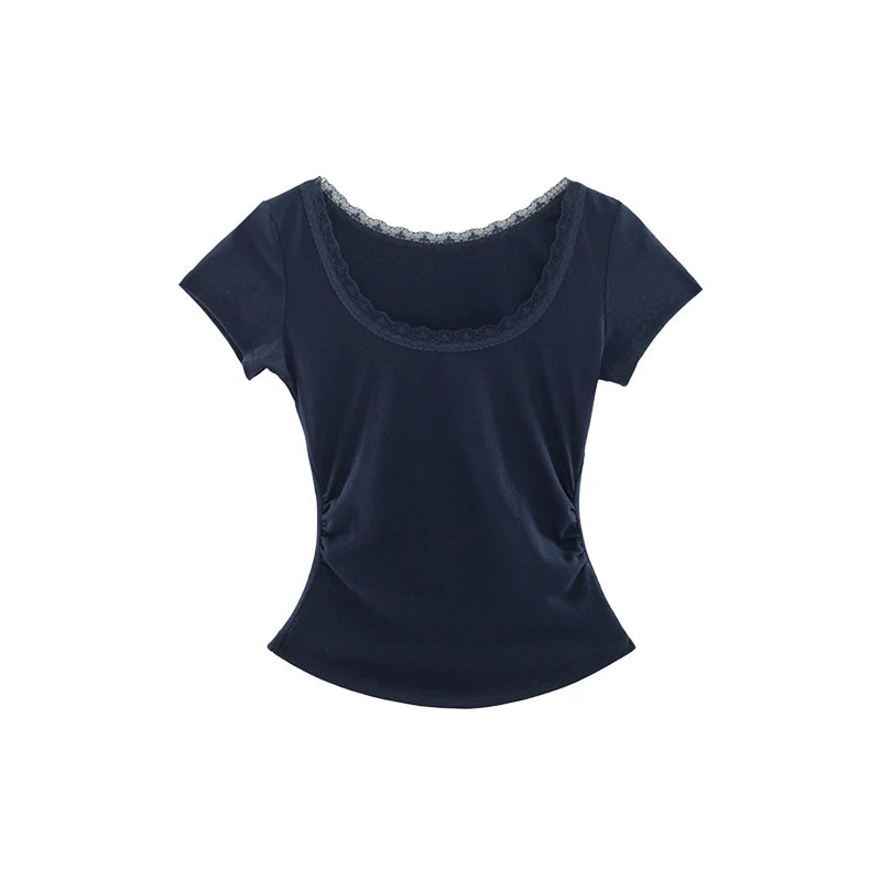 Audwyn Crew Neck Lace Stitching Slim Tee