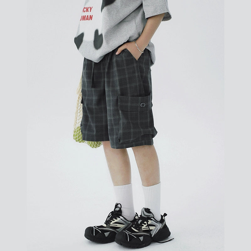 STILLYOU Simple Double Overalls Pocket Plaid Suit Shorts