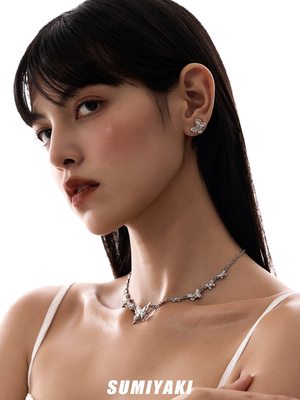 SUMIYAKI Light Luxury Diamond-encrusted White Fritillary Butterfly Necklace