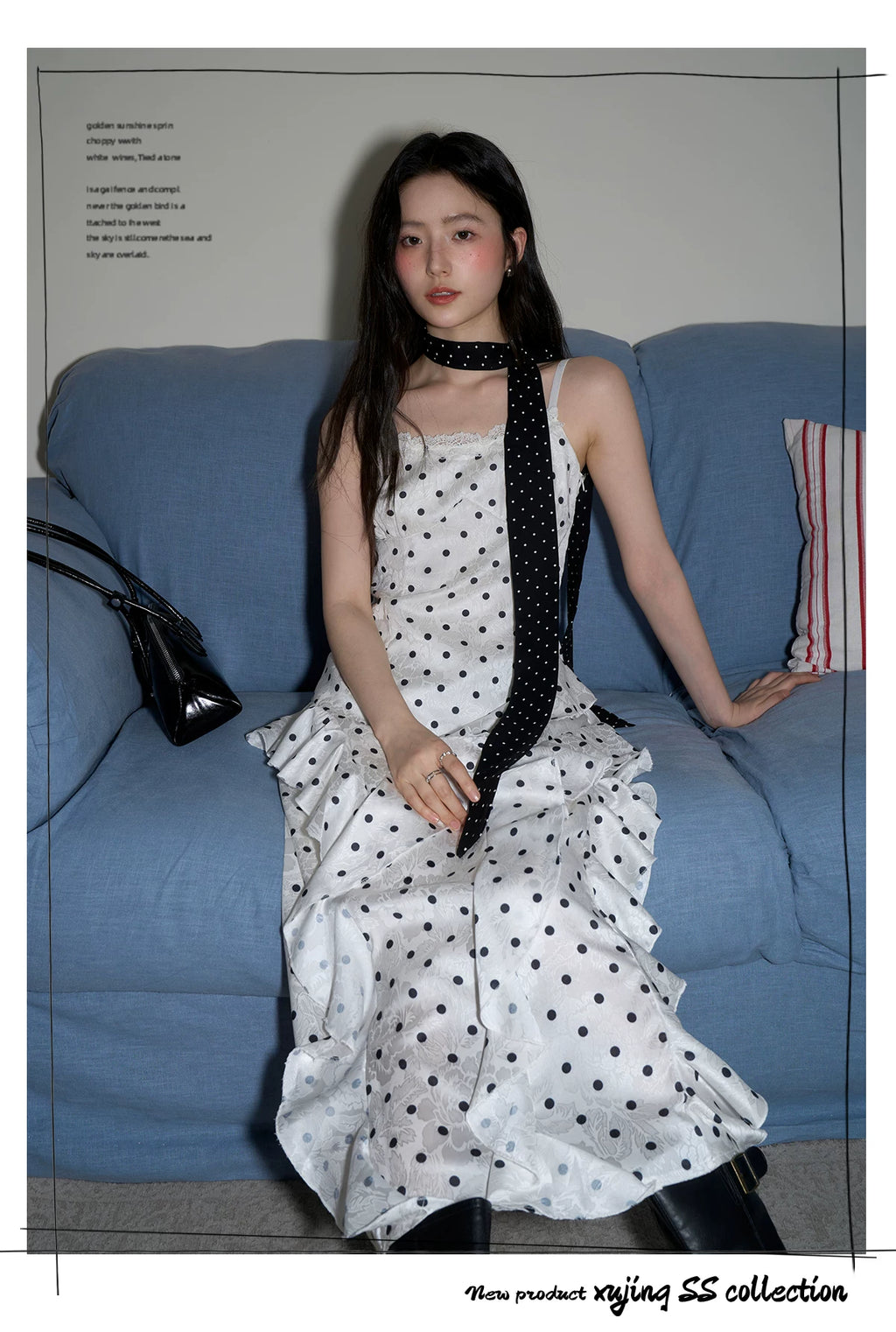 XUJING Polka Dot Ruffle Edge Waist Suspender Dress