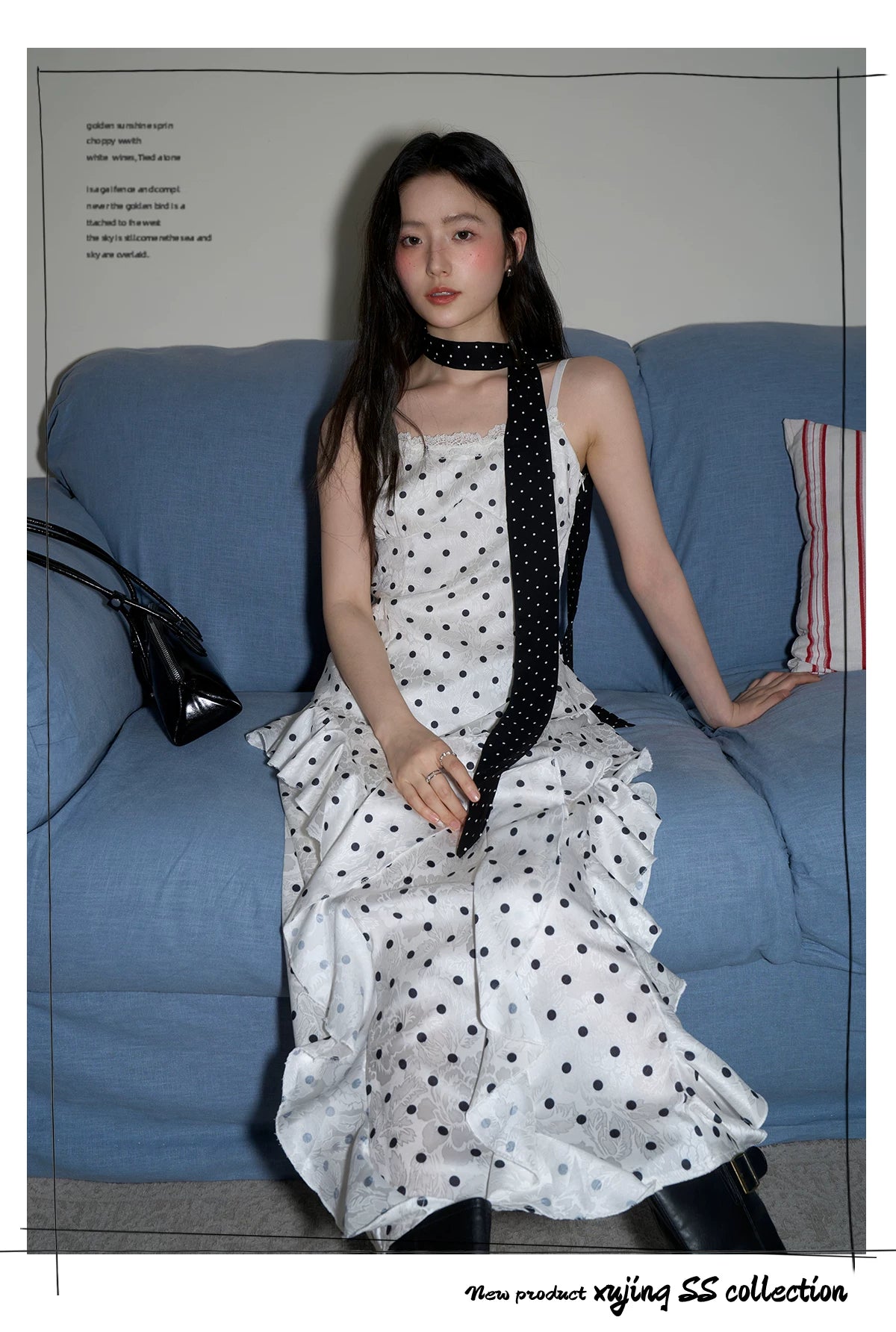 XUJING Polka Dot Ruffle Edge Waist Suspender Dress