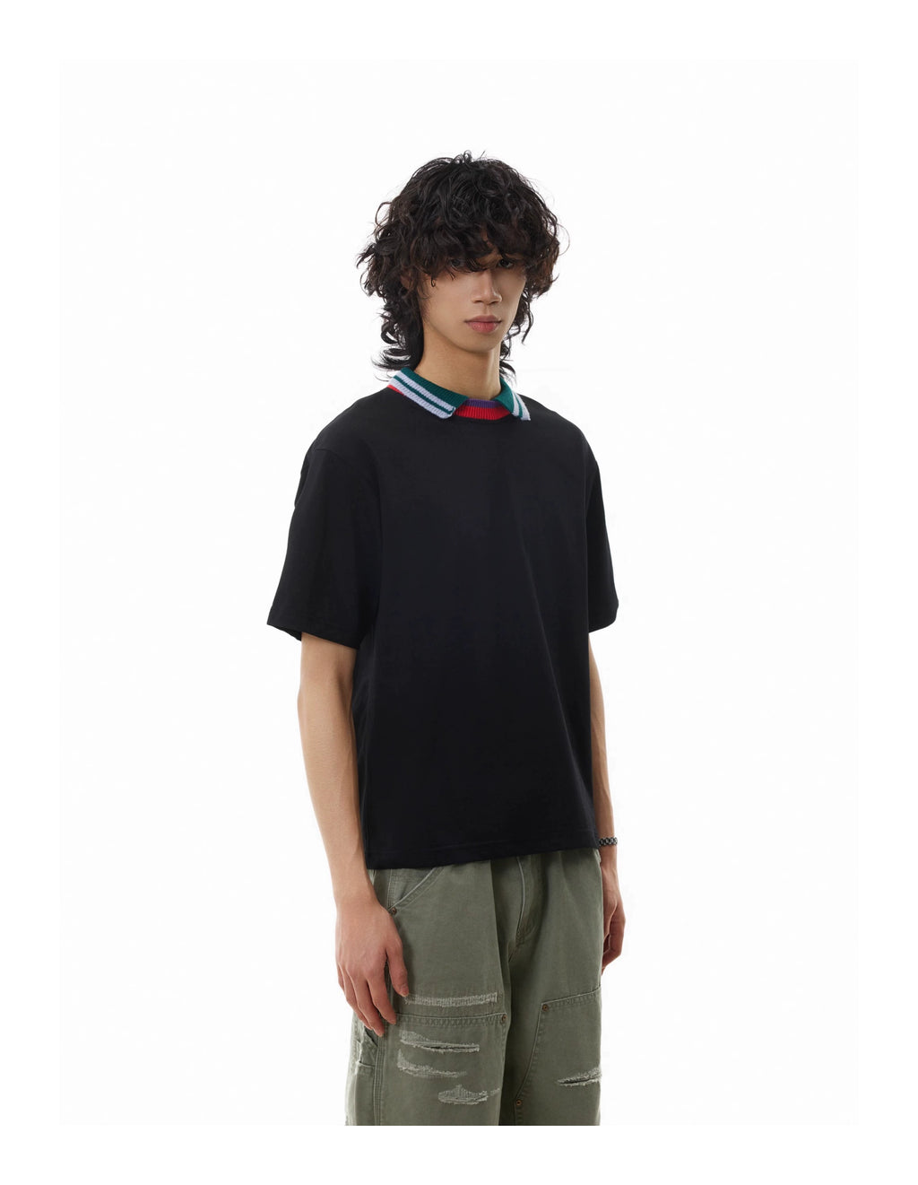 BTSG three-color splicing threaded neckline lapel Tee