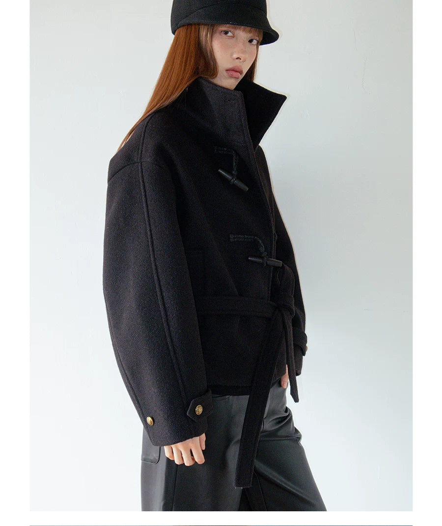 FUNKYFUN Strap-on Stand-up Collar Tweed Coat