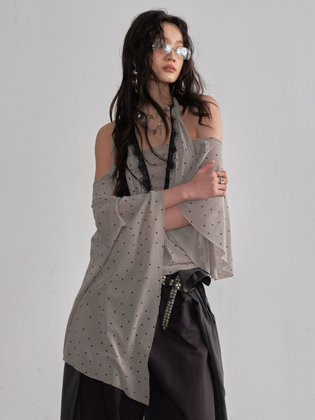 JNYLON Retro Asymmetrical Shawl Sleeve Neck Polka Dot Tee