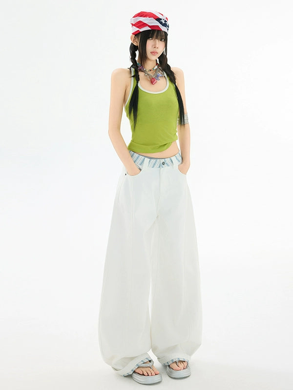 KPSR Splicing Checkered Scimitar Wide Leg Jeans