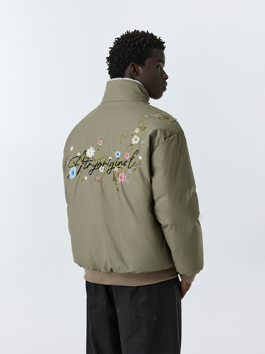 ATRY Embroidered Floral Fur Collar Lapel Thick Coat