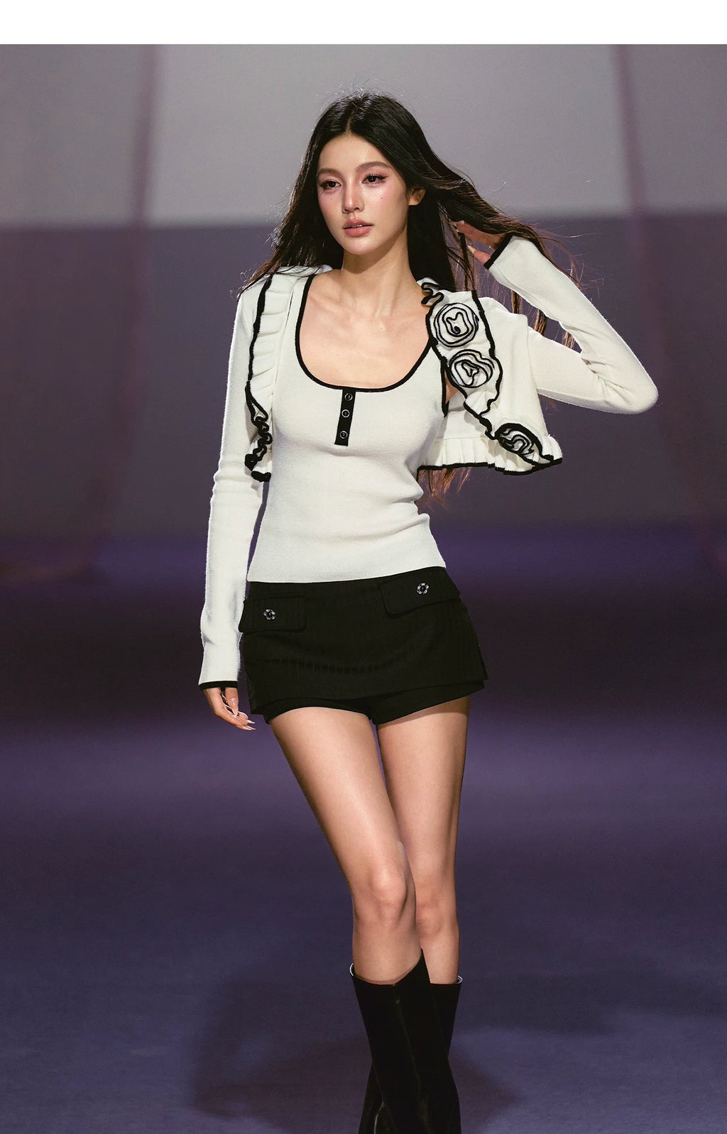 AGAM Flower Cardigan U-neck Slim-fit Contrasting Vest Set