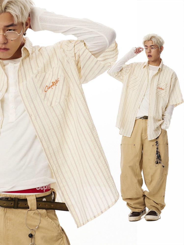 CoosRetro Vintage Contrast Striped Double Pocket Embroidered Shirt