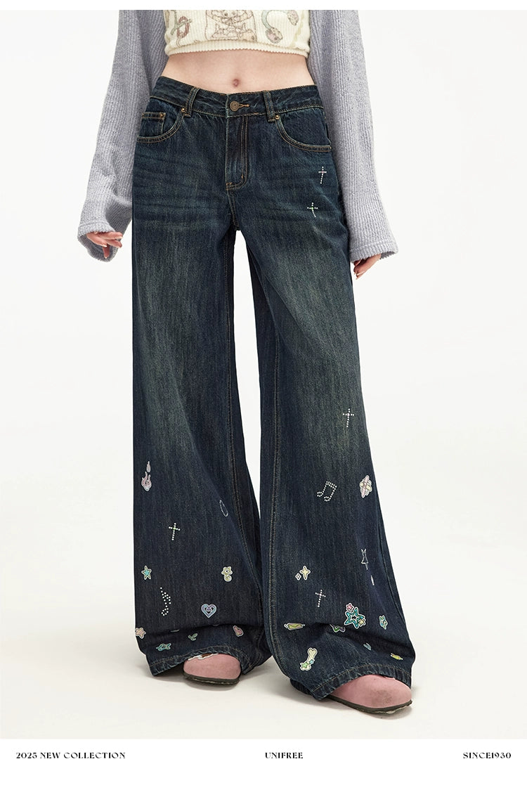 UNIFREE Straight Childlike Hot Diamond Printing Mopping Jeans