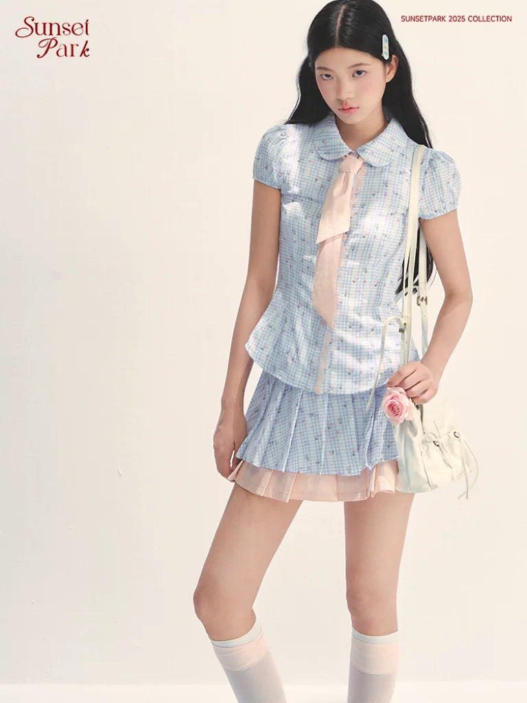 SunsetPark Floral Contrasting Plaid Shirt Pleated Skirt Set
