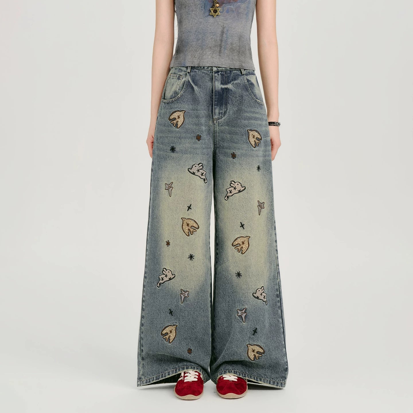 Girlyhalo Wide-leg Embroidered Jeans