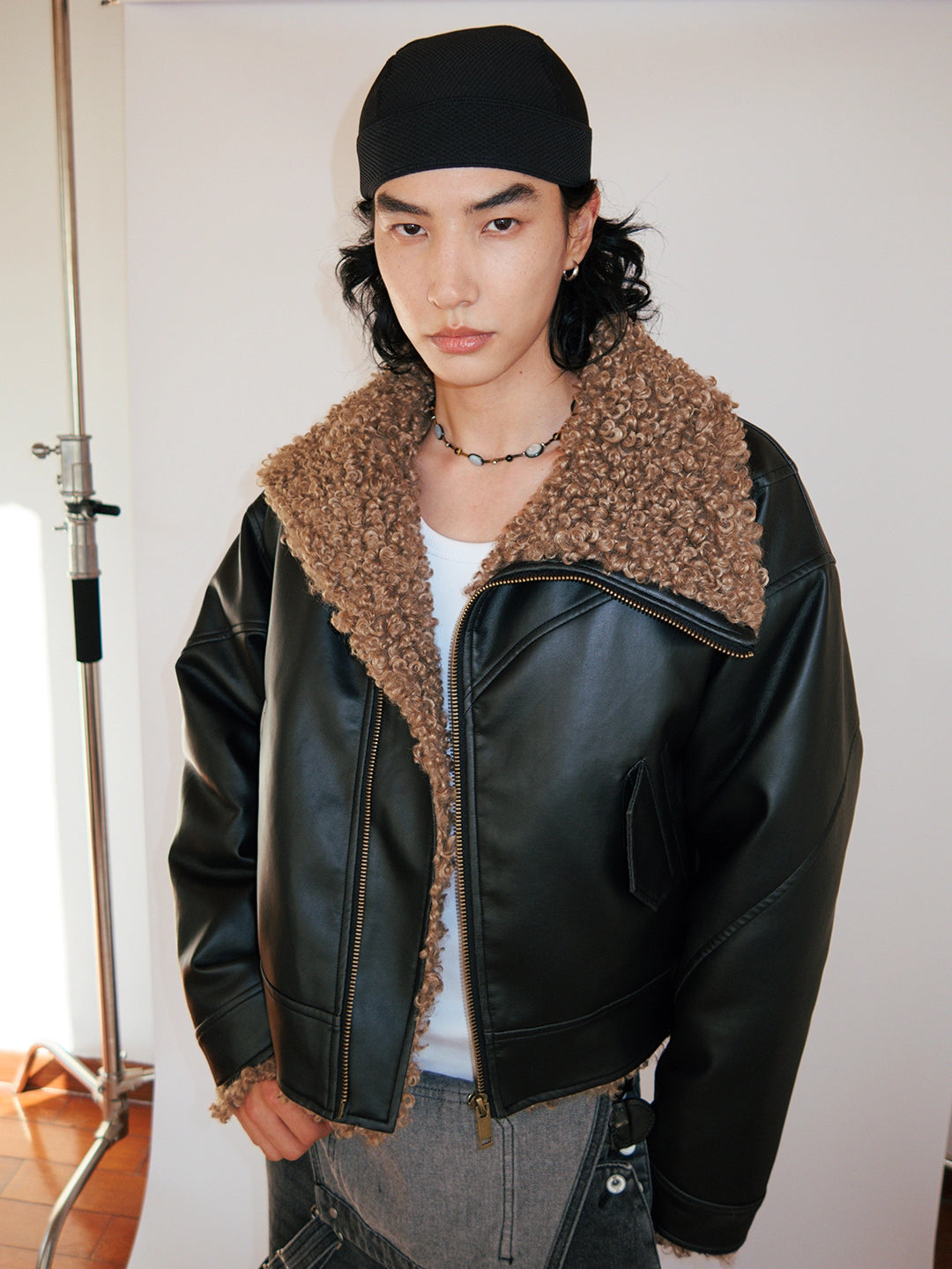 FUNKYFUN Leather Contrasting Spliced Cotton Jacket