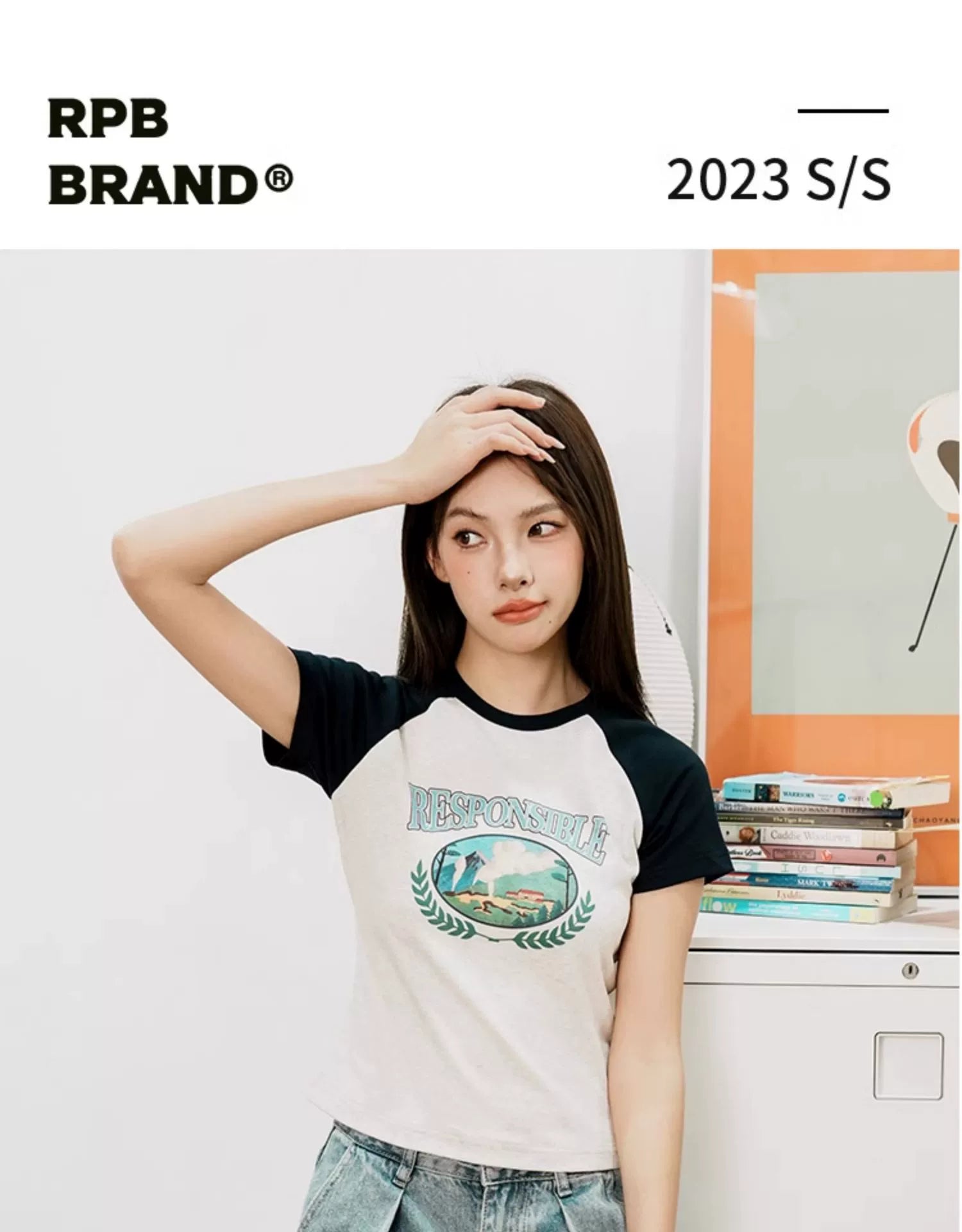 RPB BRAND Straight Shoulder Contrast Color Ragglar Sleeve Slim Tee