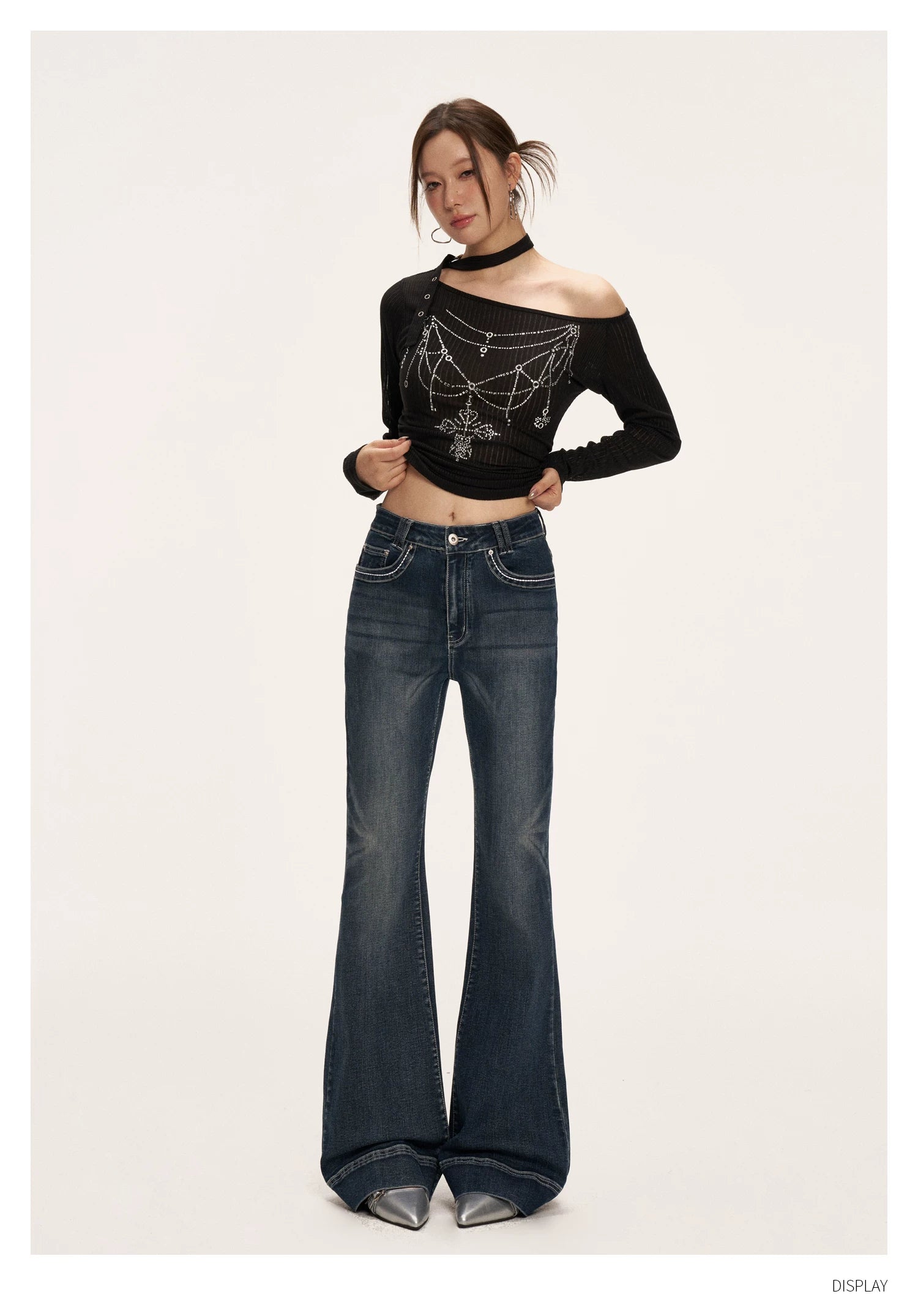TGXQ Fleece Retro Elastic Ultra-low Waist Micro-pull Jeans