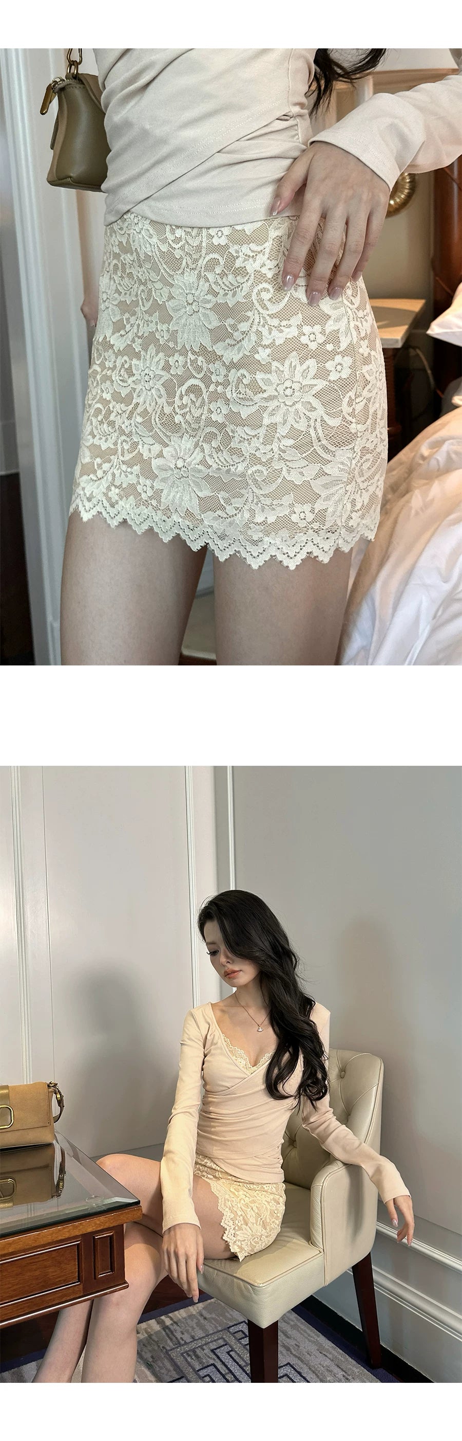 LLROGE Lace Dress Slim Long Sleeve Suit