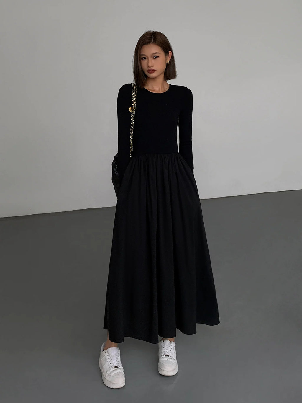 OUSPH Crew Neck Long Sleeve Knitted Dress