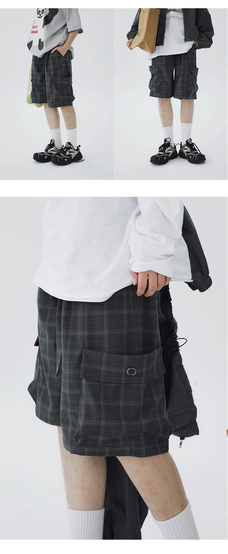 STILLYOU Simple Double Overalls Pocket Plaid Suit Shorts