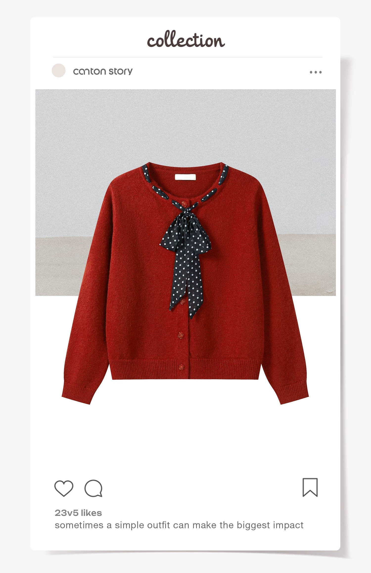 Cantonstory Polka Dot Silk Scarf Crew Neck Knitted Cardigan Sweater