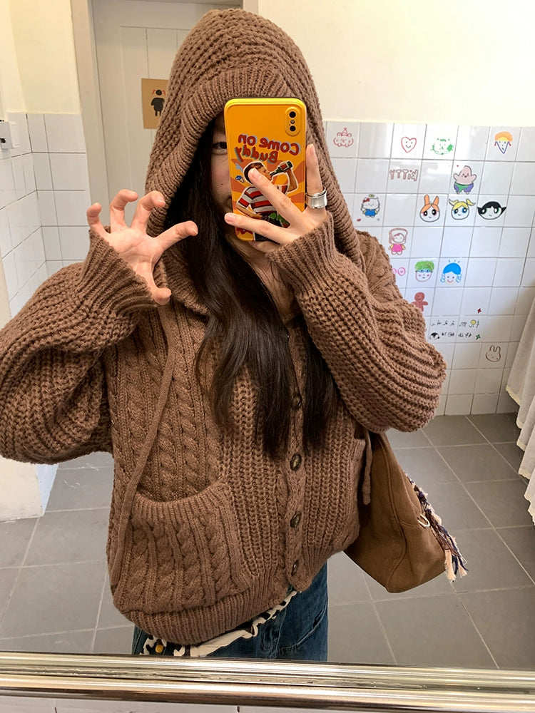 EAHO Vintage Twist Hooded Knitted Cardigan Sweater