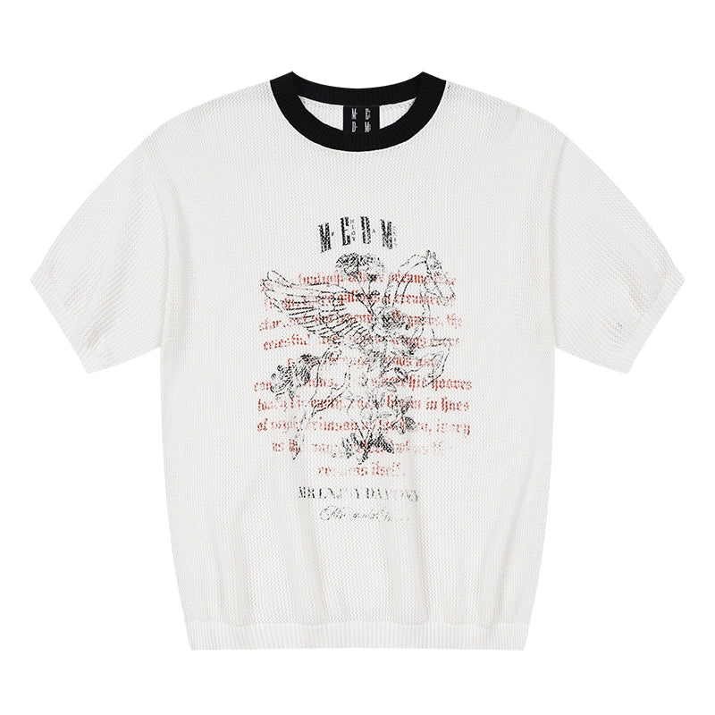 MEDM Letter Pattern Casual Old Knitted Round Neck Tee