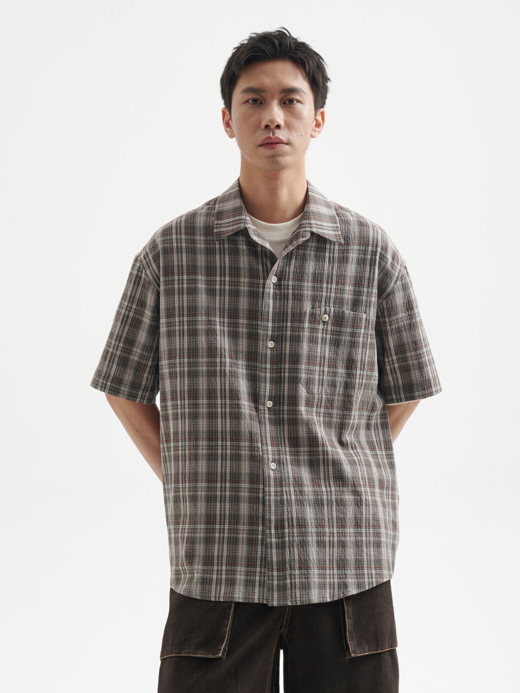 BUTTBILL 25SS Irregular bag plaid short-sleeved shirt