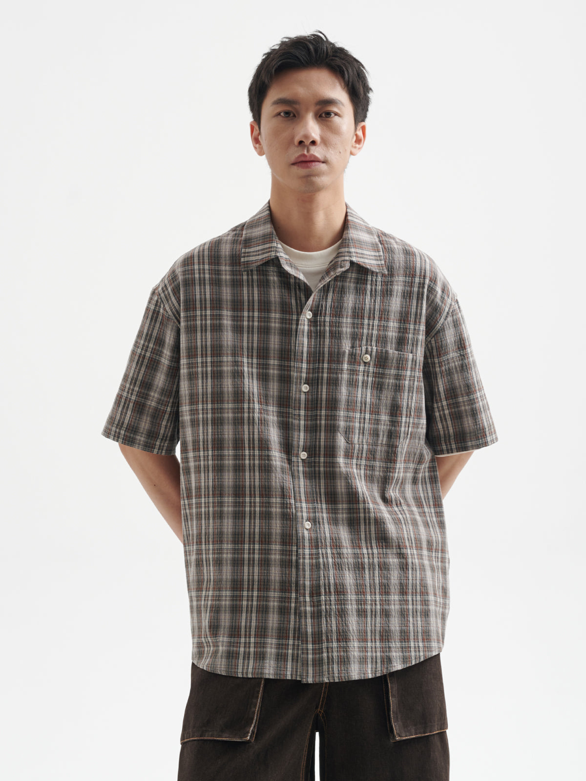 BUTTBILL 25SS Irregular bag plaid short-sleeved shirt