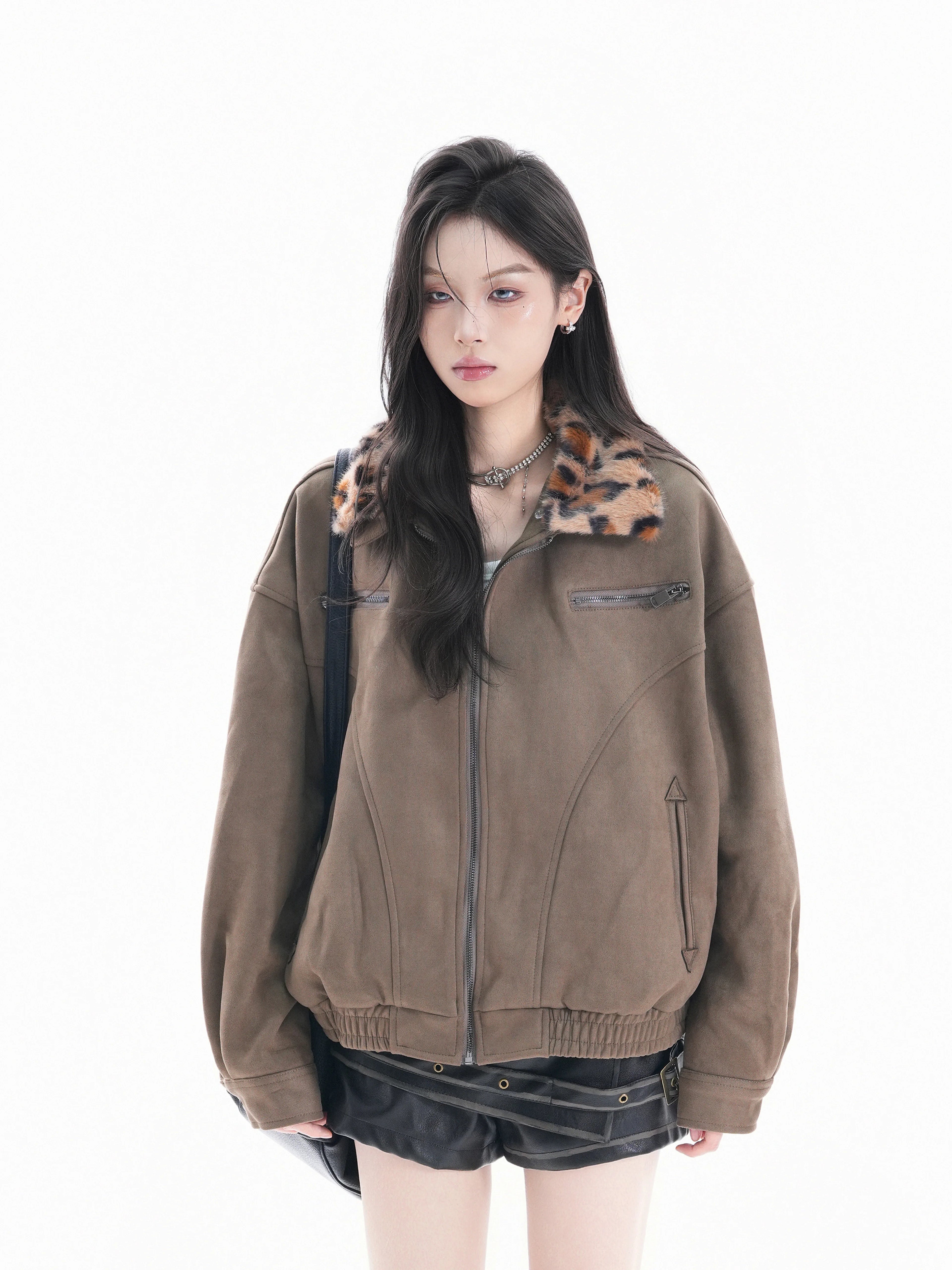 Zuocisankon Vintage Short Detachable Leopard Collar Jacket