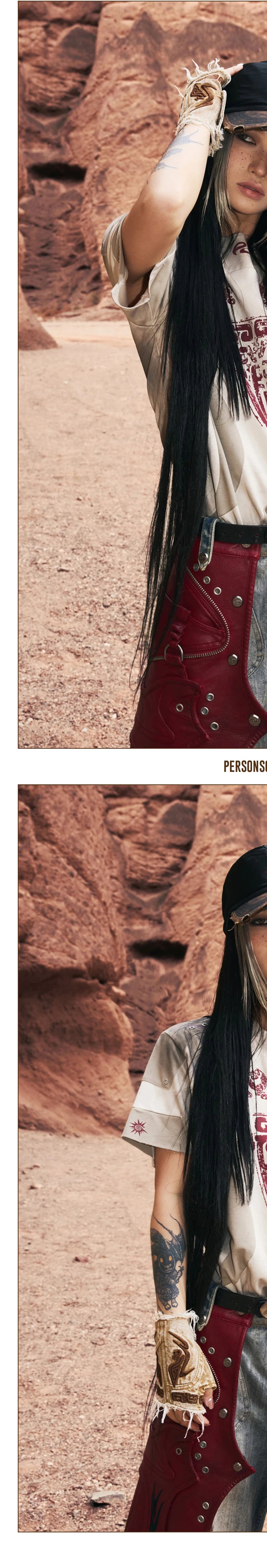PERSONSOUL Pattern Embroidered Denim Gloves