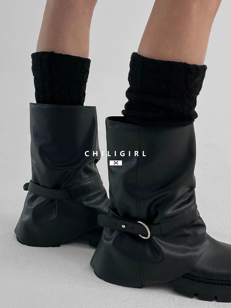 CHILIGIRL Belt Pleated Handsome Stacked Pants Tube Boots