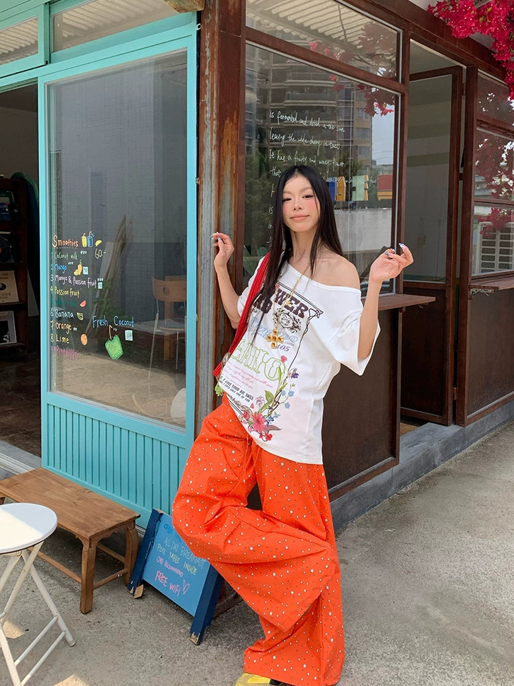 EAHO Star Printed Wide Leg Casual Pants