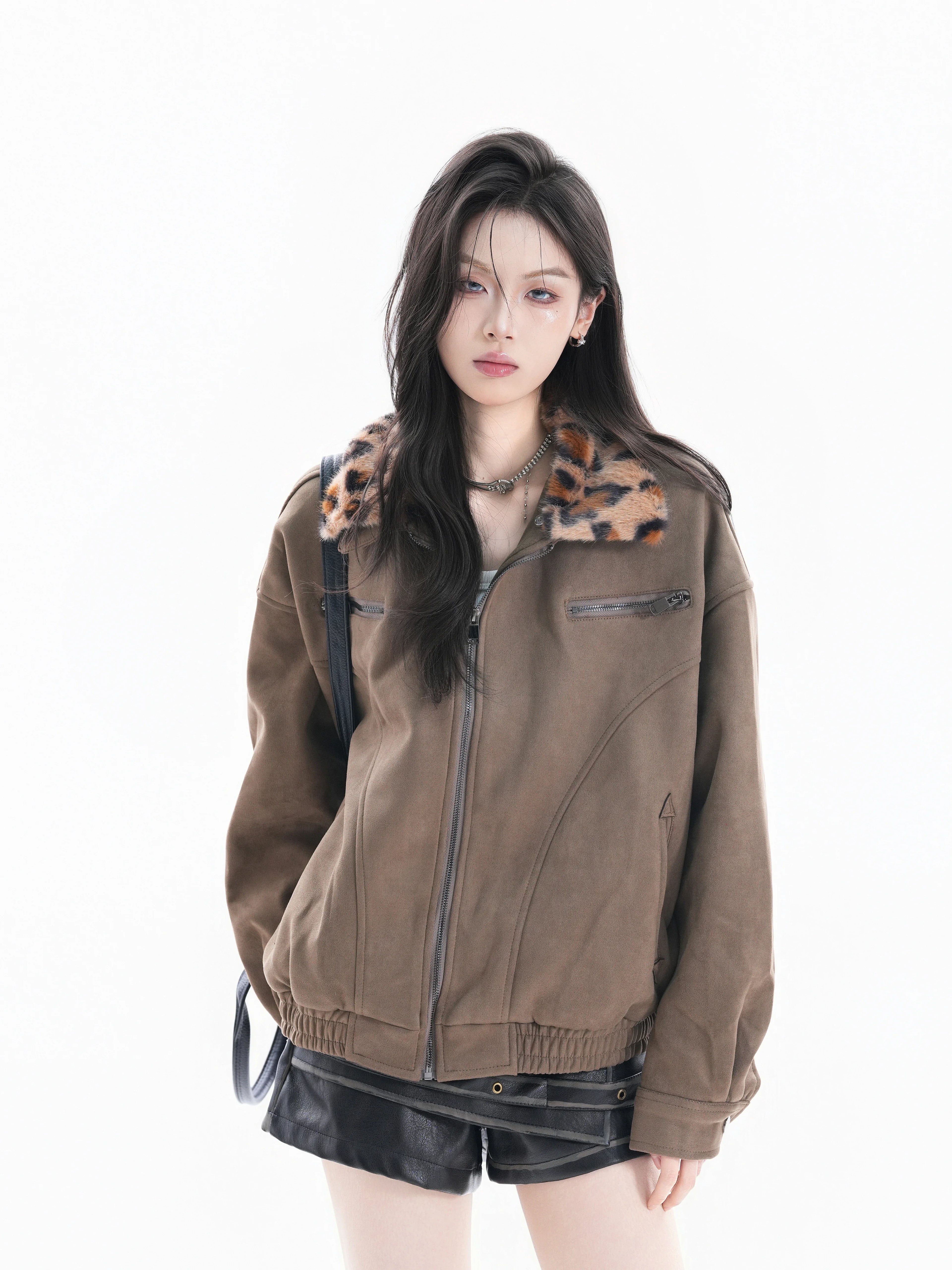 Zuocisankon Vintage Short Detachable Leopard Collar Jacket