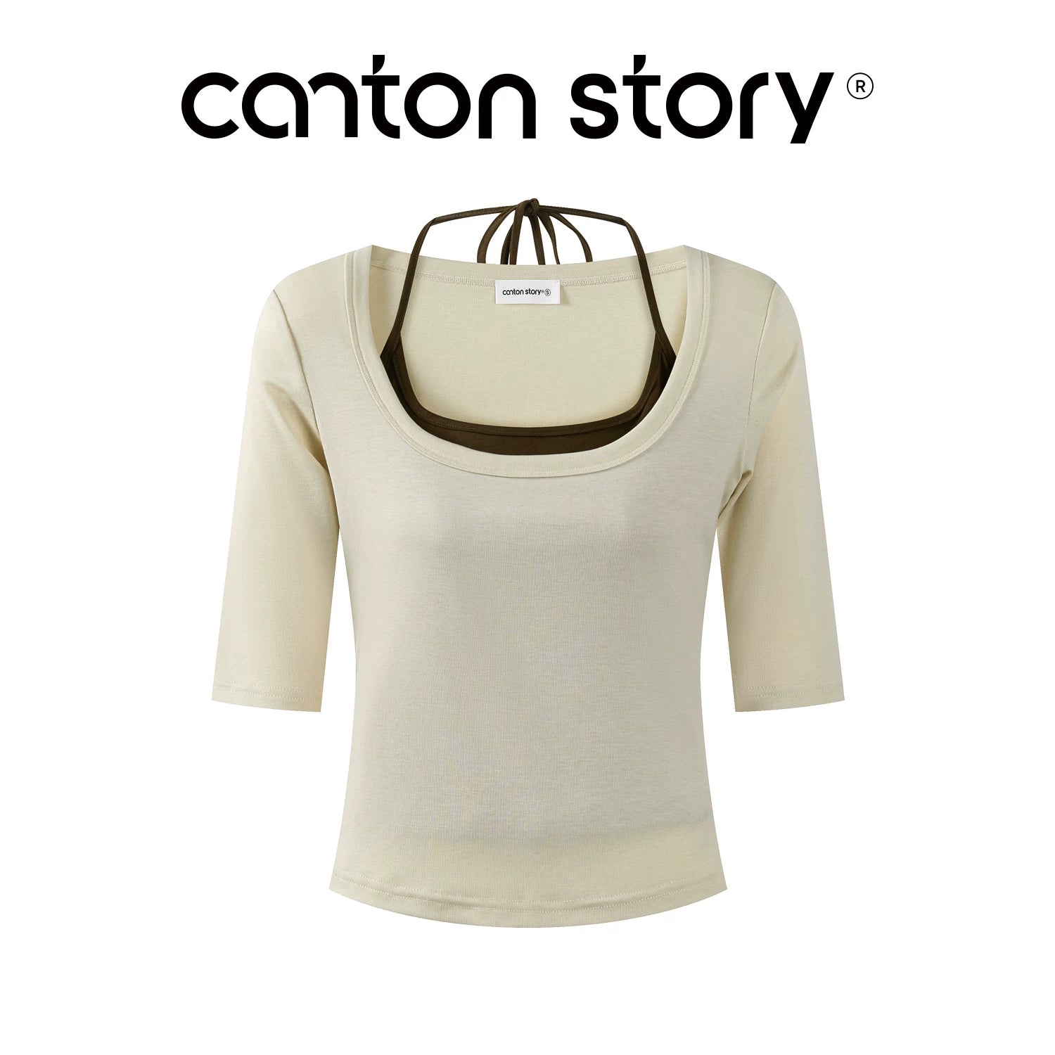 Cantonstory U-neck Suspender Five-quarter Sleeve Tee Slacks Set