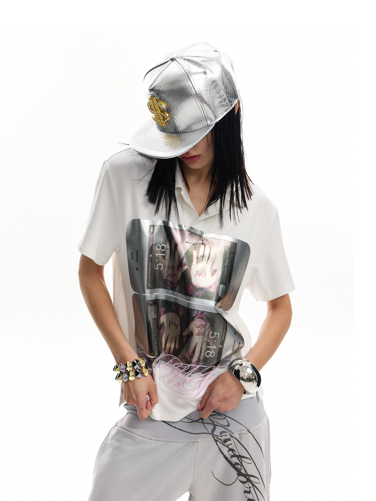 No E Mosen Liquid Metal Hot Silver Lapel Tee