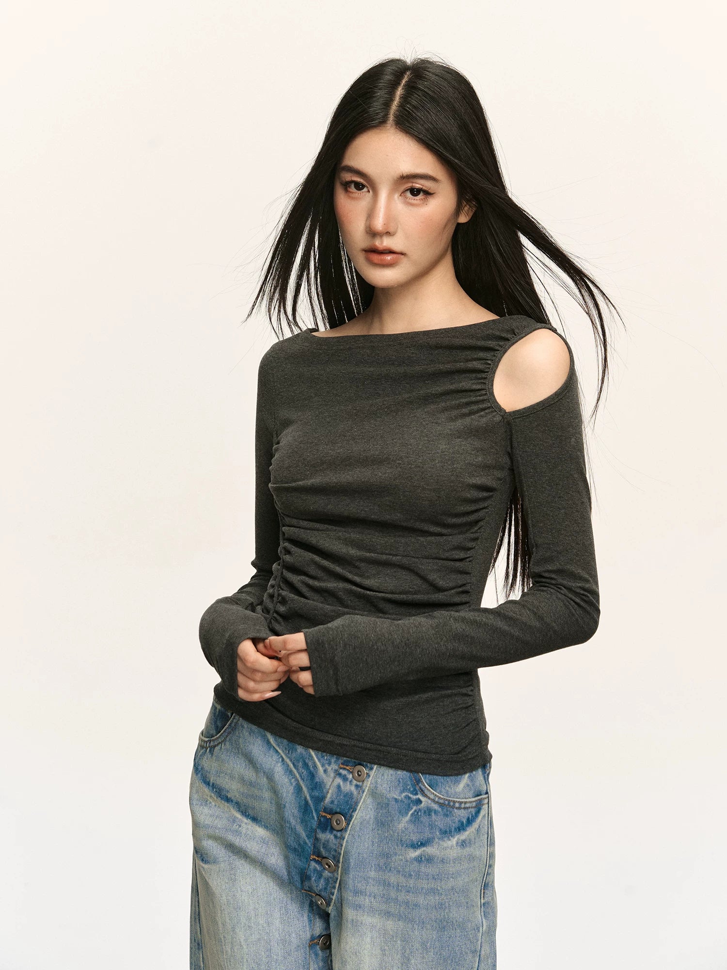 Anna Aneae Hollow Shoulders Waist Thin Long Sleeves