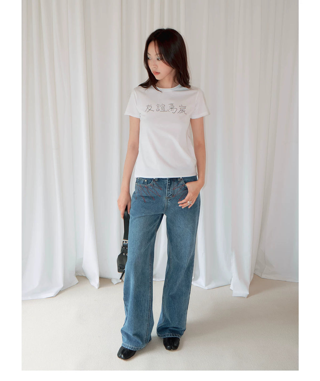 FUNKYFUN Retro Embroidered Slightly Pulled Old Jeans