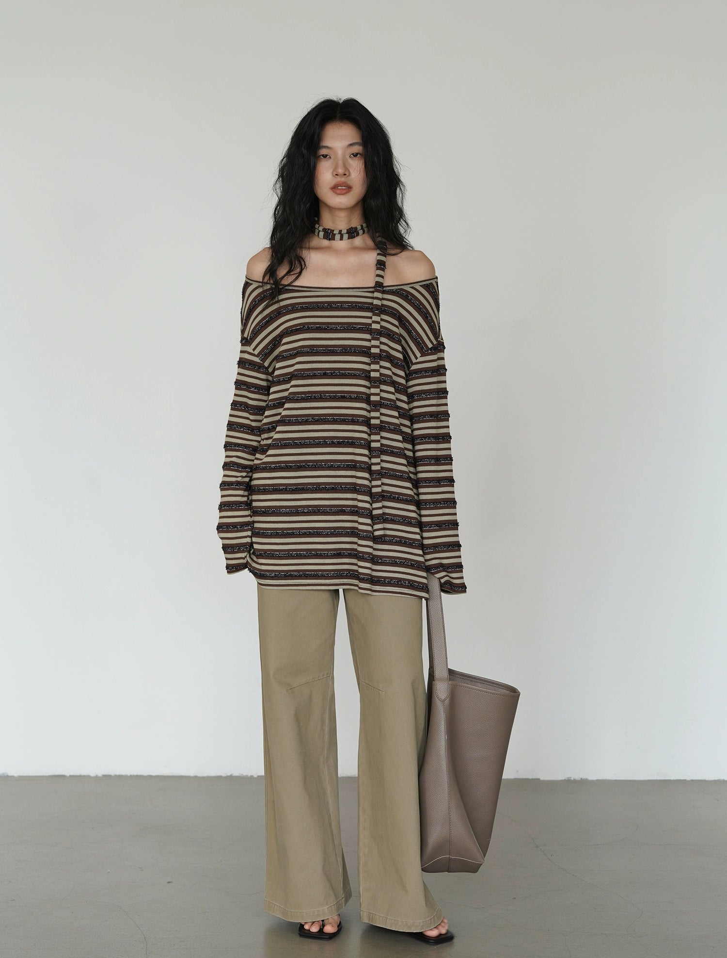 EIGHTHMONTH Striped Off-the-shoulder Streamer Casual Long Sleeve