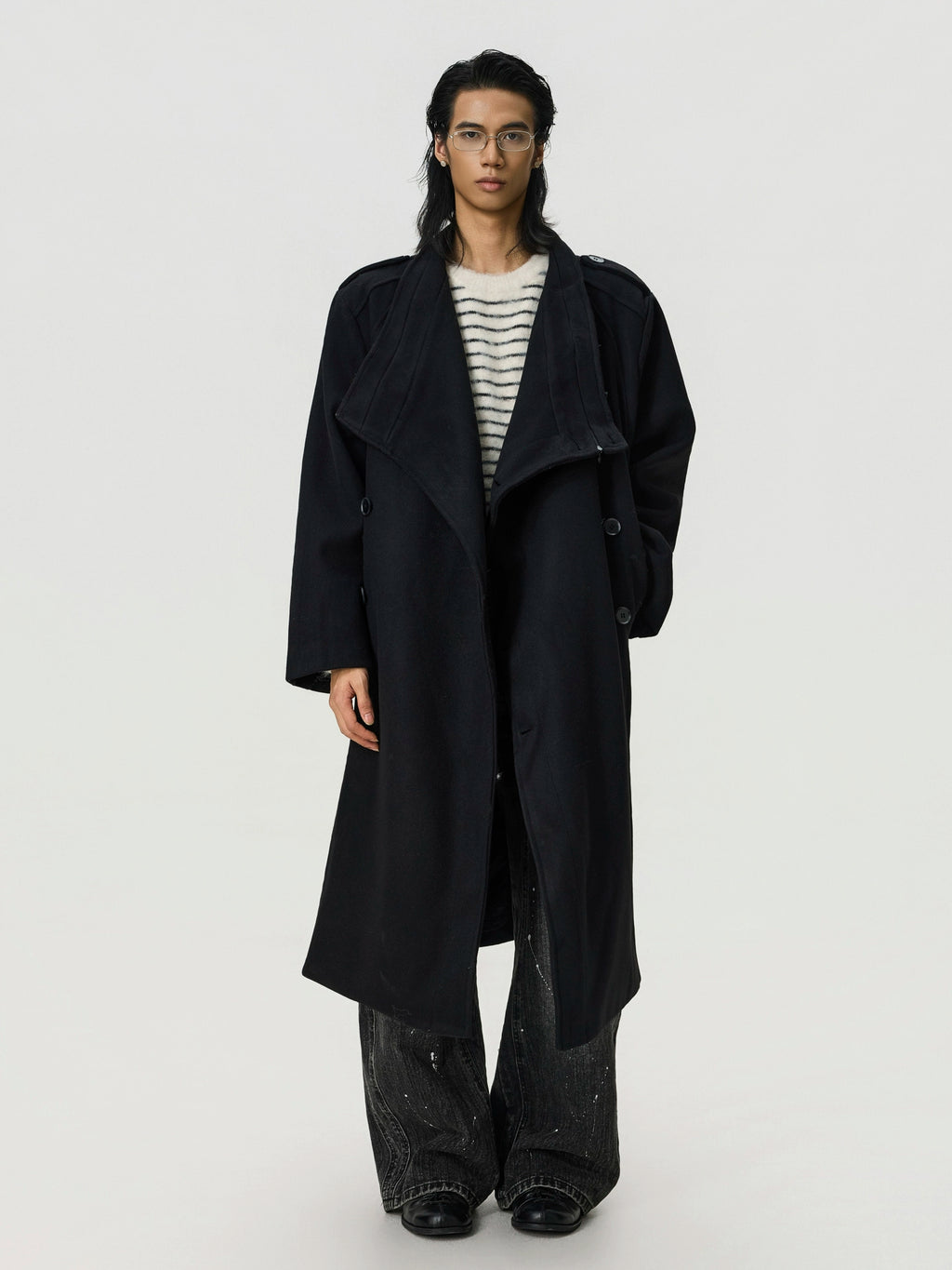 BTSG Double-breasted Stand-up Collar Long Woolen Coat